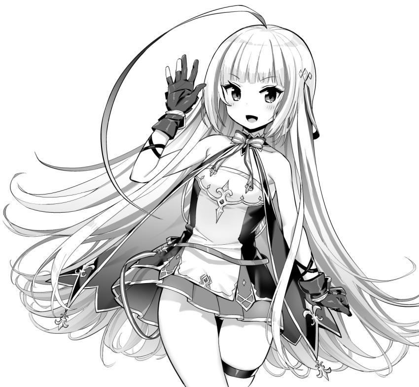 1girl ahoge arm_up azur_lane bare_arms bare_shoulders breasts cowboy_shot dress gloves greyscale hori_(hori_no_su) long_hair looking_at_viewer monochrome open_mouth partly_fingerless_gloves pleated_dress skindentation sleeveless sleeveless_dress small_breasts smile solo strapless strapless_dress thigh_gap thigh_strap thighs vauquelin_(azur_lane) very_long_hair