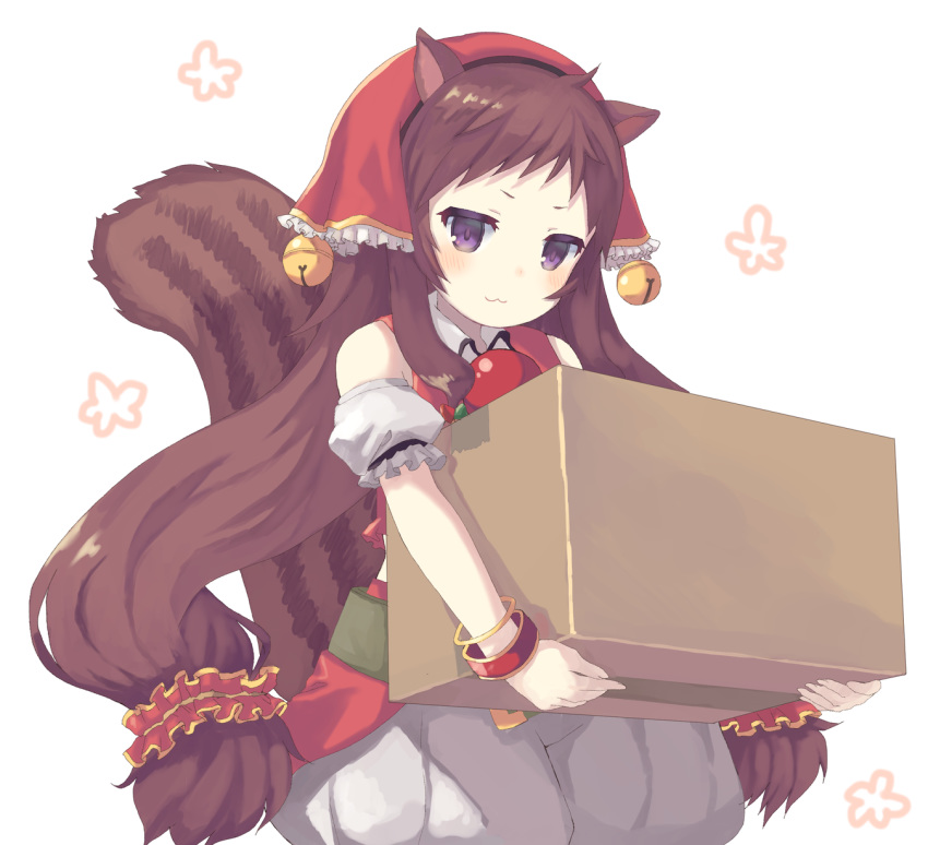 1girl animal_ears bangs bell box bracelet brown_hair closed_mouth highres holding holding_box jewelry jingle_bell long_hair looking_at_viewer navel nekomo princess_connect! princess_connect!_re:dive rin_(princess_connect!) sidelocks simple_background solo squirrel_ears squirrel_girl squirrel_tail standing tail very_long_hair violet_eyes