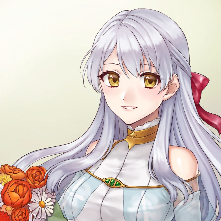 1girl bare_shoulders detached_sleeves dress fire_emblem fire_emblem:_radiant_dawn fire_emblem_heroes flower grin hair_ribbon half_updo hazuki_(nyorosuke) highres long_hair micaiah_(fire_emblem) portrait red_ribbon ribbon silver_hair simple_background smile solo turtleneck_dress white_background white_dress yellow_eyes