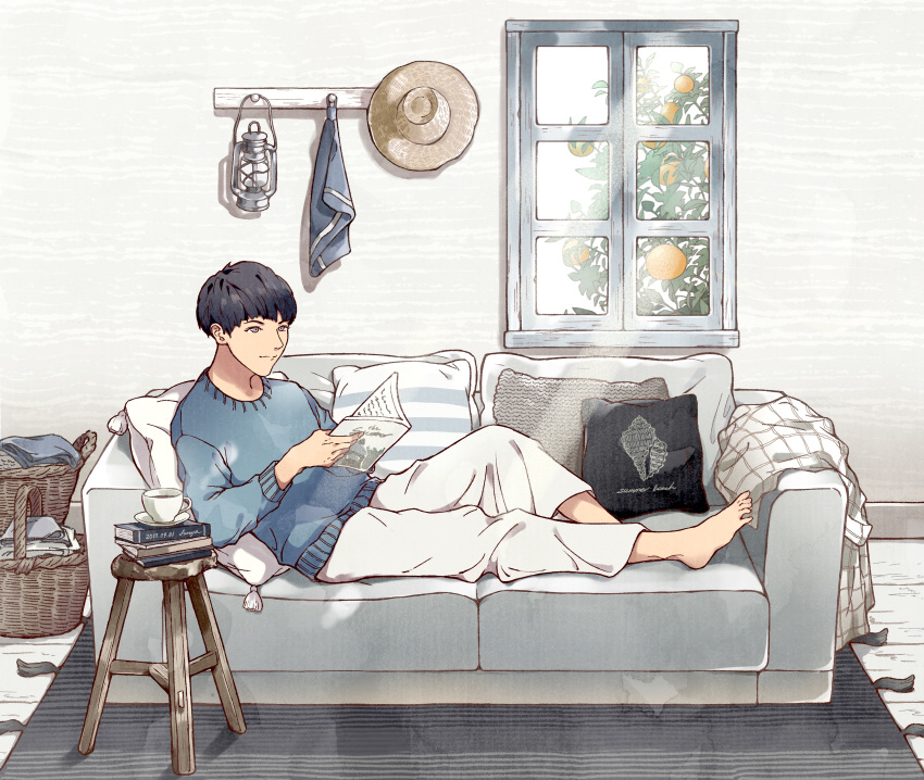 1boy absurdres barefoot basket black_hair blue_sweater book_stack couch cup food fruit furuya01boy grey_eyes hat hat_removed headwear_removed highres indoors lantern male_focus mug original pants pillow reading rug scenery sitting solo stool sweater tree white_pants window