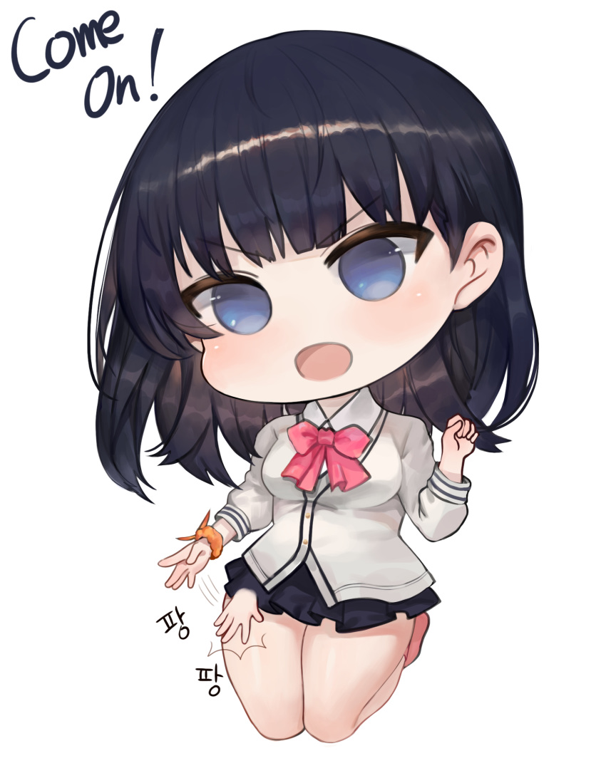 1girl :d bangs black_hair black_skirt blue_eyes blush bow cardigan chibi collared_shirt dokomon english_text eyebrows_visible_through_hair full_body hand_up highres korean_text lap_pillow_invitation long_hair long_sleeves looking_at_viewer open_mouth orange_scrunchie patting_lap pleated_skirt red_bow scrunchie shirt simple_background skirt smile solo ssss.gridman takarada_rikka v-shaped_eyebrows white_background white_cardigan white_shirt wrist_scrunchie