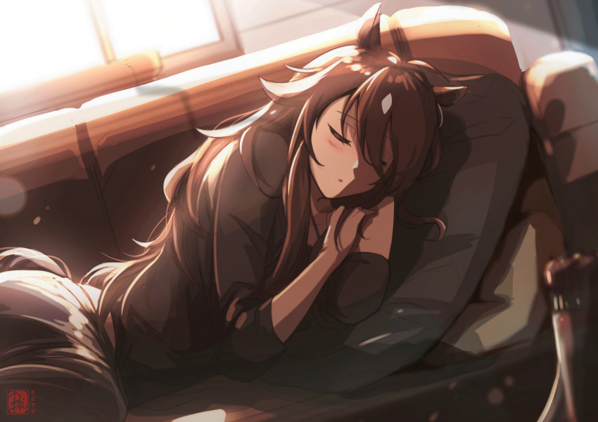 1girl absurdres ahoge animal_ears arknights arrow_(projectile) artist_logo black_pants black_shirt blush brown_hair casual closed_eyes commentary couch day english_commentary ezraqi hair_between_eyes highres horse_ears indoors long_hair lying meteor_(arknights) on_side pants parted_lips pillow quiver shirt sleeping solo sunlight white_hair window