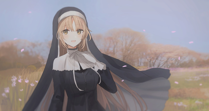 1girl :d bangs black_dress blue_sky blurry blurry_background blush breasts brown_eyes brown_hair chihuri day depth_of_field dress eyebrows_visible_through_hair gloves habit hair_between_eyes hand_up highres long_hair long_sleeves looking_at_viewer medium_breasts nijisanji nun open_mouth outdoors petals sister_cleaire sky smile solo standing tree upper_body veil very_long_hair virtual_youtuber white_gloves