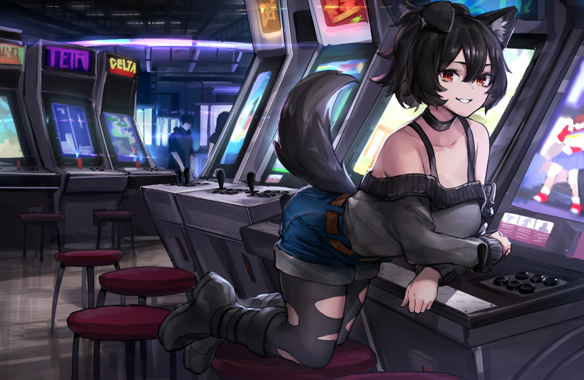 1girl absurdres animal_ears arcade bare_shoulders belt bent_over black_choker black_footwear black_hair black_legwear blue_shorts boots breasts choker collarbone denim denim_shorts dog_ears dog_girl dog_tail grey_sweater grin hair_between_eyes highres long_sleeves looking_at_viewer medium_breasts neonbeat off-shoulder_sweater off_shoulder original pantyhose ponytail red_eyes short_hair short_shorts shorts slit_pupils smile solo stool sweater tail tail_raised torn_clothes torn_legwear