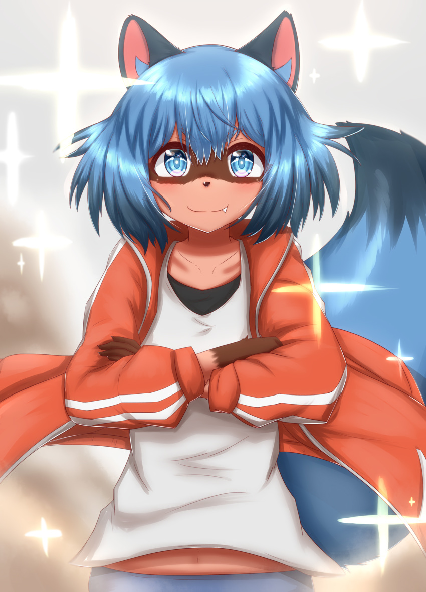 1girl animal_ears animal_nose blue_eyes blue_hair blush brand_new_animal brown_fur collarbone commentary_request crossed_arms fang furry gunbuster_pose highres horokusa_(korai) kagemori_michiru medium_hair raccoon_ears raccoon_girl raccoon_tail red_track_suit simple_background smile solo sparkle tail upper_body