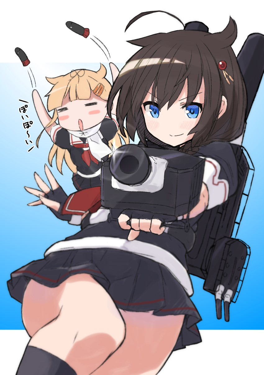 2girls =_= absurdres adapted_turret ahoge aiming black_gloves black_serafuku black_skirt blonde_hair blue_background blue_eyes braid brown_hair cannon chibi closed_eyes commentary_request fingerless_gloves gloves gradient gradient_background hair_flaps hair_ornament hair_over_shoulder highres kantai_collection long_hair looking_at_viewer machinery multiple_girls neckerchief pleated_skirt poipoi_purin red_neckwear remodel_(kantai_collection) school_uniform serafuku shigure_(kantai_collection) single_braid skirt torpedo turret yuudachi_(kantai_collection)