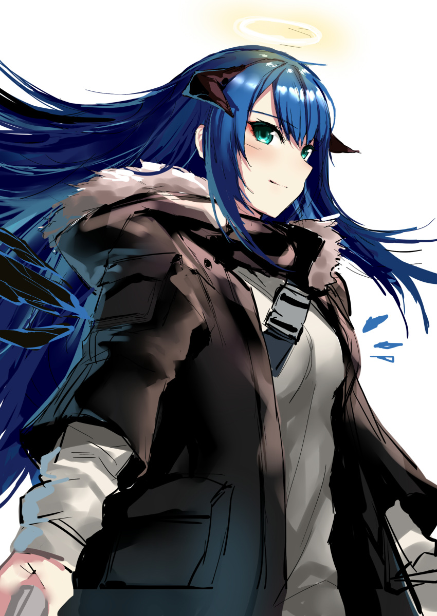 1girl absurdres aqua_eyes arknights black_coat blue_hair blush breasts closed_mouth coat commentary cowboy_shot demon_horns detached_wings english_commentary eyebrows_visible_through_hair floating_hair fur-trimmed_hood fur_trim grey_shirt hair_between_eyes halo highres hood hooded_coat horns long_hair looking_at_viewer medium_breasts molyb mostima_(arknights) shirt simple_background smile solo wings
