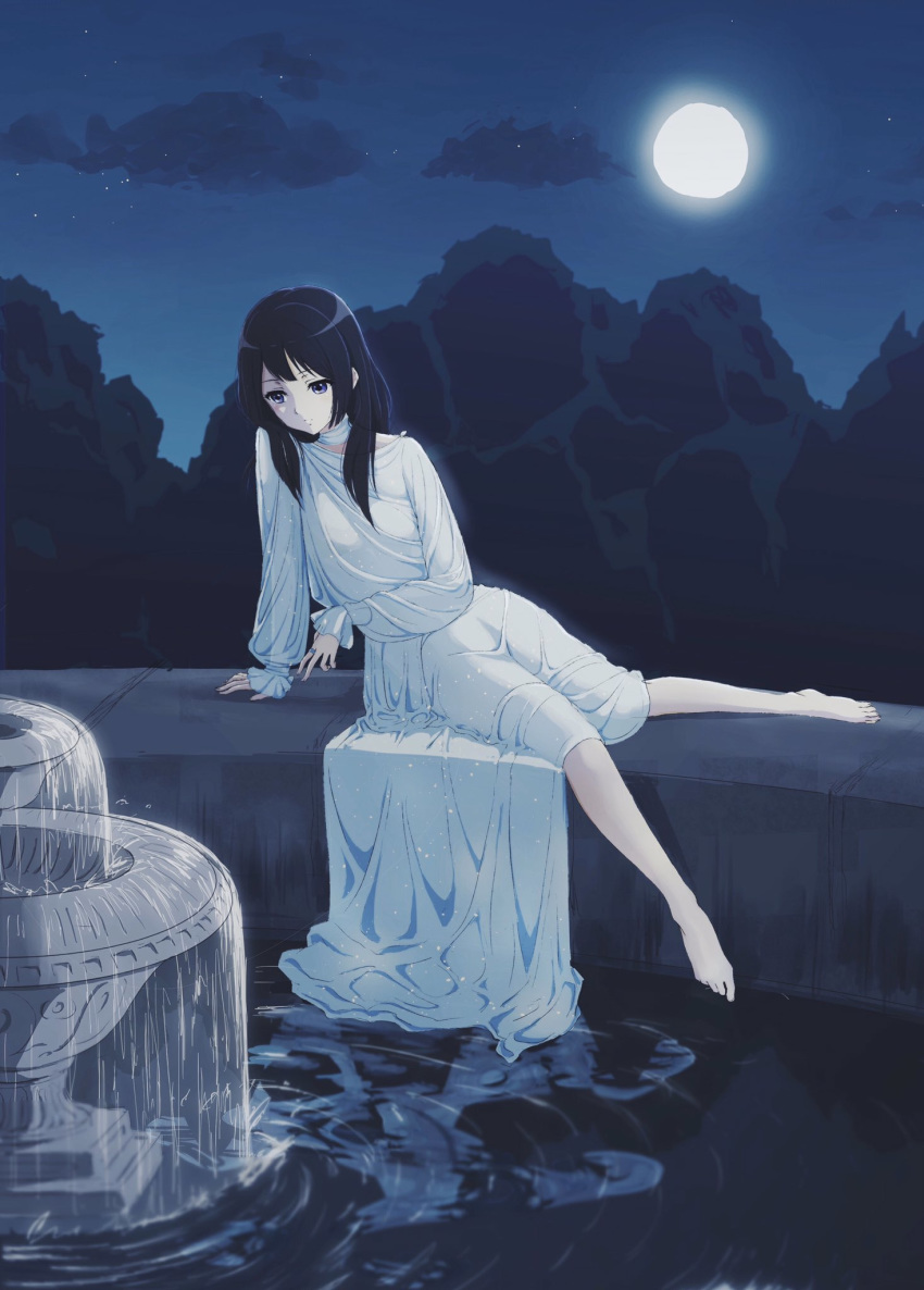 1girl barefoot black_hair brown_eyes cuvier3240 dress full_moon hibike!_euphonium highres kousaka_reina long_dress long_hair long_sleeves moon night outdoors shiny shiny_hair sitting solo wet wet_clothes wet_dress white_dress