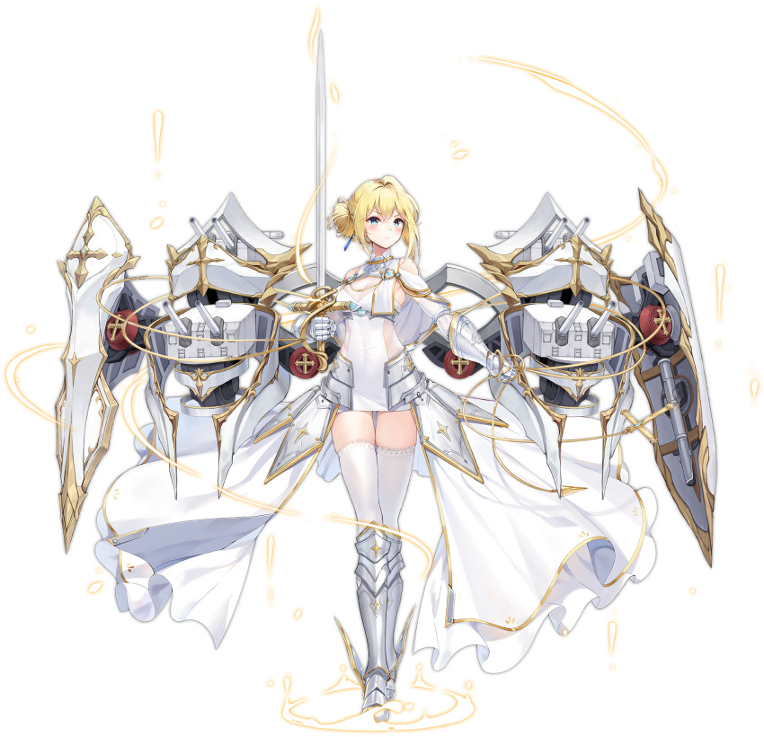 1girl armored_boots azur_lane bare_shoulders blonde_hair blue_eyes boots breasts cannon dress faulds full_body gauntlets gold_trim highres holding holding_sword holding_weapon jeanne_d'arc_(azur_lane) knee_boots large_breasts long_hair long_skirt looking_at_viewer machinery maya_g official_art rapier shield showgirl_skirt skindentation skirt solo standing sword thigh-highs torpedo_tubes transparent_background turret weapon white_dress white_legwear zettai_ryouiki