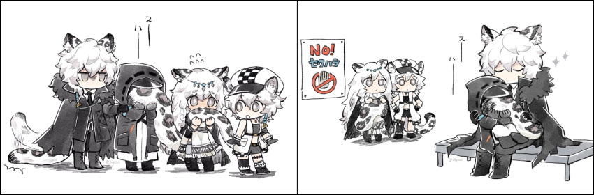 1boy 1other 2girls absurdres ambiguous_gender animal_ears arknights baby_carry biting blush brother_and_sister chibi cliffheart_(arknights) doctor_(arknights) grey_eyes hat highres hood leopard_ears leopard_tail multiple_girls pramanix_(arknights) shorts siblings silverash_(arknights) sisters snow_leopard soppos tail tail_biting tail_wagging white_hair
