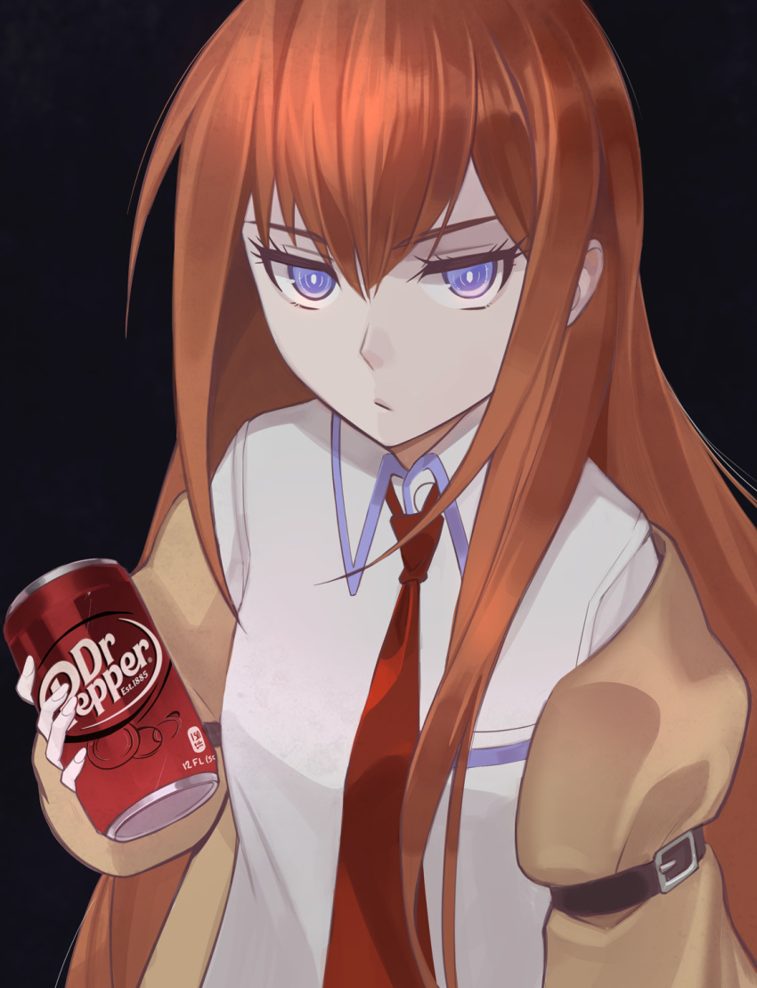 1girl bangs belt belt_buckle blue_eyes breast_pocket bright_pupils brown_hair buckle can cheshikk closed_mouth collar collared_shirt dr_pepper hair_between_eyes highres holding jacket long_hair long_sleeves looking_at_viewer makise_kurisu necktie pocket red_neckwear shirt soda soda_can solo steins;gate white_pupils