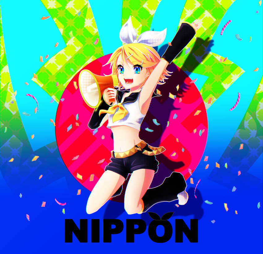 1girl :d absurdres arm_up armpits bangs belt black_sailor_collar black_shorts blonde_hair blue_background blue_eyes bow breasts brown_belt commentary_request confetti crop_top detached_sleeves drop_shadow eyebrows_visible_through_hair fang full_body gradient gradient_background green_background groin hair_between_eyes hair_bow hair_ornament hairclip headphones highres holding_megaphone kagamine_rin leg_warmers megaphone midriff multicolored multicolored_background nagano_akano navel neckerchief open_mouth red_background ribbon sailor_collar shirt shoes short_hair short_shorts shorts sidelocks sleeveless sleeveless_shirt small_breasts smile solo swept_bangs teeth vocaloid white_footwear white_shirt yellow_neckwear