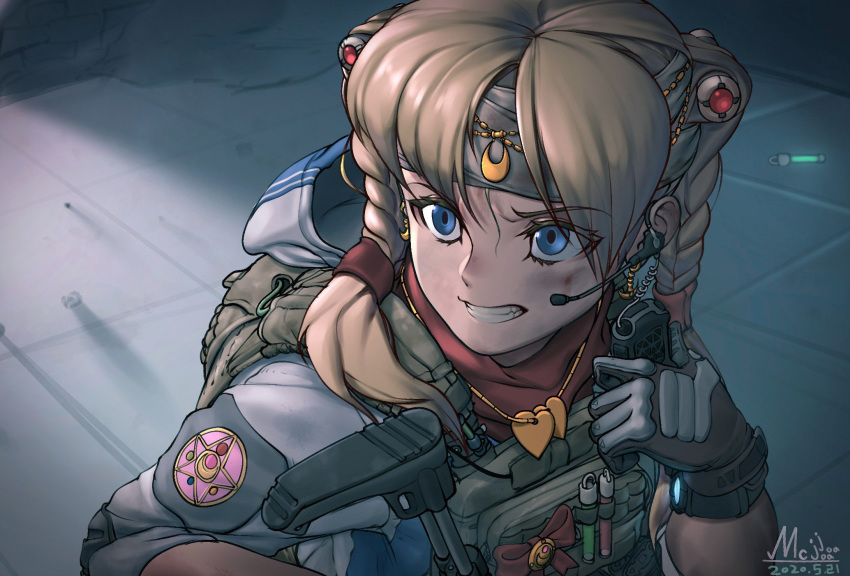 bangs bishoujo_senshi_sailor_moon blonde_hair blue_eyes crescent crescent_earrings derivative_work earrings gun headband heart highres jewelry mcjoajoa meme parted_bangs rifle sailor_moon_redraw_challenge screencap_redraw tactical_clothes tagme tsukino_usagi upper_body weapon