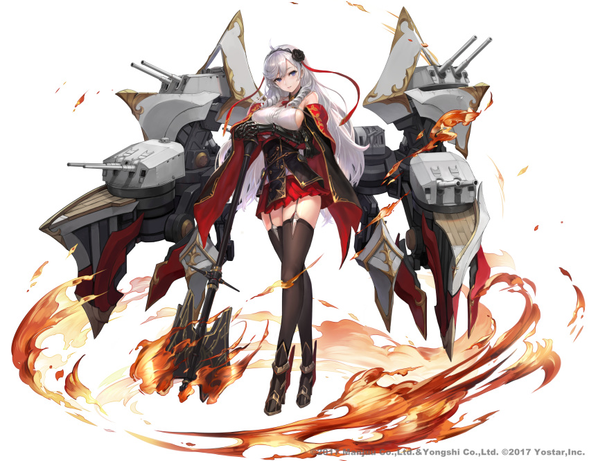 azur_lane bangs bare_shoulders breasts character_request full_body garter_straps highres large_breasts long_hair looking_at_viewer mecha_musume military military_vehicle official_art ship silver_hair skirt tachi-e thigh-highs warship watercraft yoshiku_(oden-usagi)