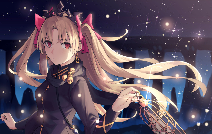 1girl armlet bangs birdcage black_dress black_scarf blonde_hair blush bow breasts cage closed_mouth dress earrings ereshkigal_(fate/grand_order) fate/grand_order fate_(series) gold_trim hair_bow highres infinity jewelry long_hair long_sleeves looking_at_viewer night night_sky parted_bangs red_bow red_eyes scarf skull sky small_breasts smile star_(sky) starry_sky tiara two_side_up very_long_hair yangsan_(2991076090)