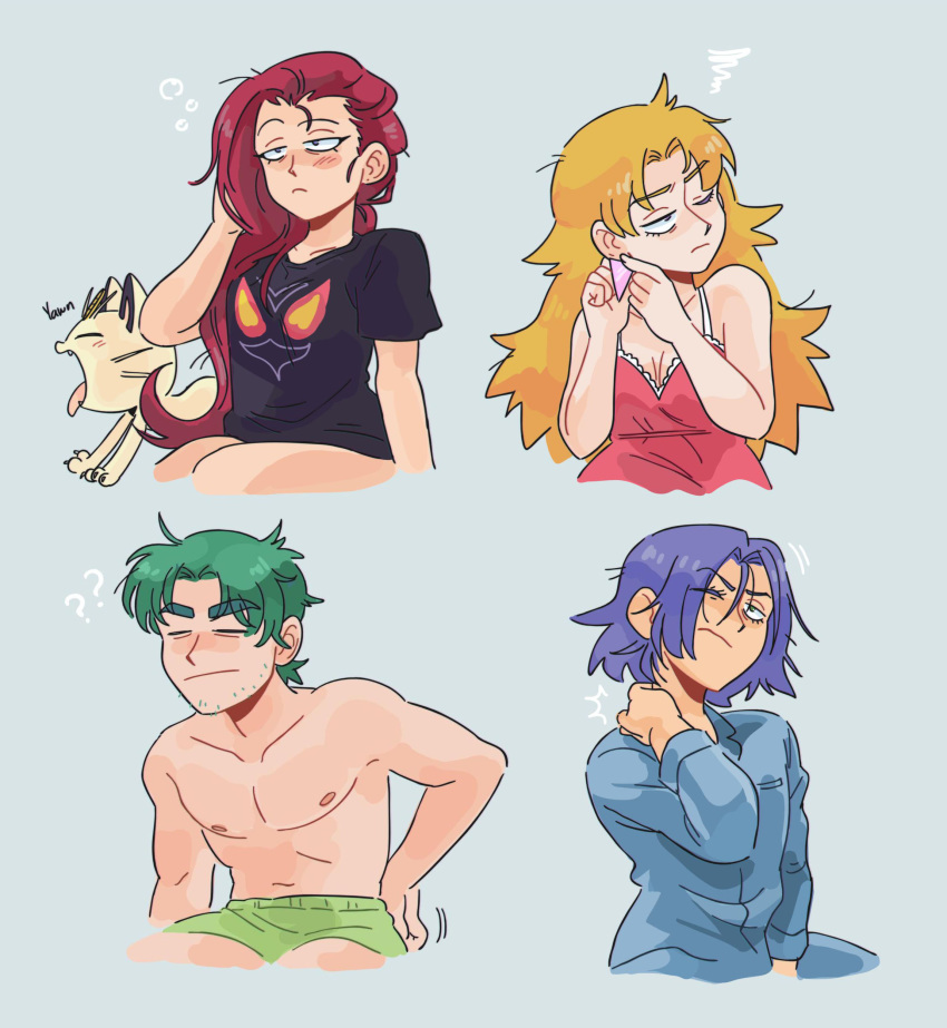 absurdres blonde_hair blue_eyes blue_hair brown_eyes gen_1_pokemon green_eyes green_hair highres jewelry kiana_mai kojirou_(pokemon) kosaburou_(pokemon) meowth musashi_(pokemon) nightgown pajamas pokemon pokemon_(anime) purple_hair redhead shirt shirtless sleepy team_rocket underpants violet_eyes yamato_(pokemon)