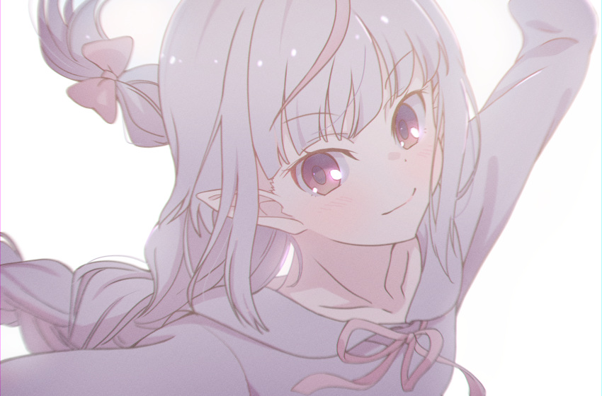 1girl backlighting blush bow braid collarbone commentary eyebrows_visible_through_hair grey_hair hair_bow highres long_hair long_sleeves looking_at_viewer makaino_ririmu multicolored_hair neck_ribbon nijisanji outstretched_arms pointy_ears red_eyes redhead ribbon sabamen sailor_collar sidelocks simple_background smile solo streaked_hair twin_braids upper_body virtual_youtuber white_background