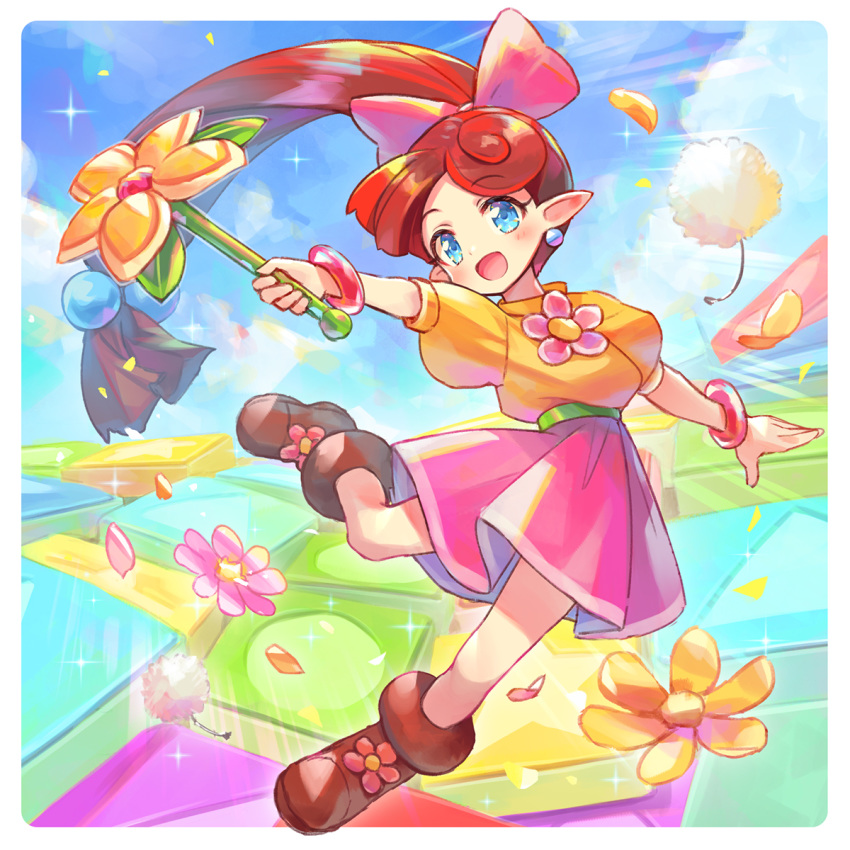 1girl :d ankle_boots asymmetrical_hair bangle belt blue_eyes blue_sky blush boots border bow bracelet brown_hair child dandelion_seed dress earrings eyebrows_visible_through_hair fairy flower flower_brooch full_body green_belt hair_bobbles hair_bow hair_ornament highres holding holding_wand jewelry jumping kurobuta_gekkan lip_(panel_de_pon) long_hair looking_at_viewer nintendo open_mouth outdoors outside_border outstretched_arms panel_de_pon petals pink_flower pink_skirt pointy_ears ponytail puffy_sleeves skirt sky smile solo spread_arms stud_earrings wand white_border yellow_dress yellow_flower