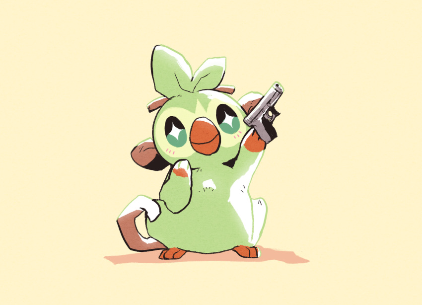 commentary creature english_commentary full_body gen_8_pokemon grookey gun holding holding_gun holding_weapon illufinch no_humans pokemon pokemon_(creature) shadow simple_background solo starter_pokemon weapon yellow_background