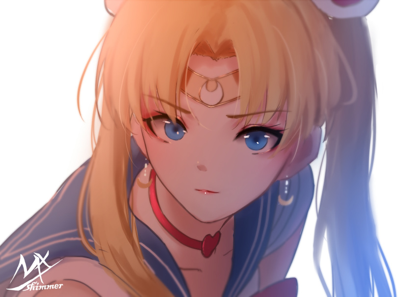 1girl artist_name bangs bishoujo_senshi_sailor_moon blonde_hair blue_eyes blue_sailor_collar choker circlet closed_mouth collarbone commentary crescent crescent_earrings derivative_work earrings eyebrows_visible_through_hair heart heart_choker highres jewelry long_hair looking_at_viewer parted_bangs red_choker sailor_collar sailor_moon sailor_moon_redraw_challenge sailor_senshi_uniform screencap_redraw shimmer shirt signature simple_background sleeveless sleeveless_shirt solo symbol_commentary tsukino_usagi twintails upper_body white_background white_shirt