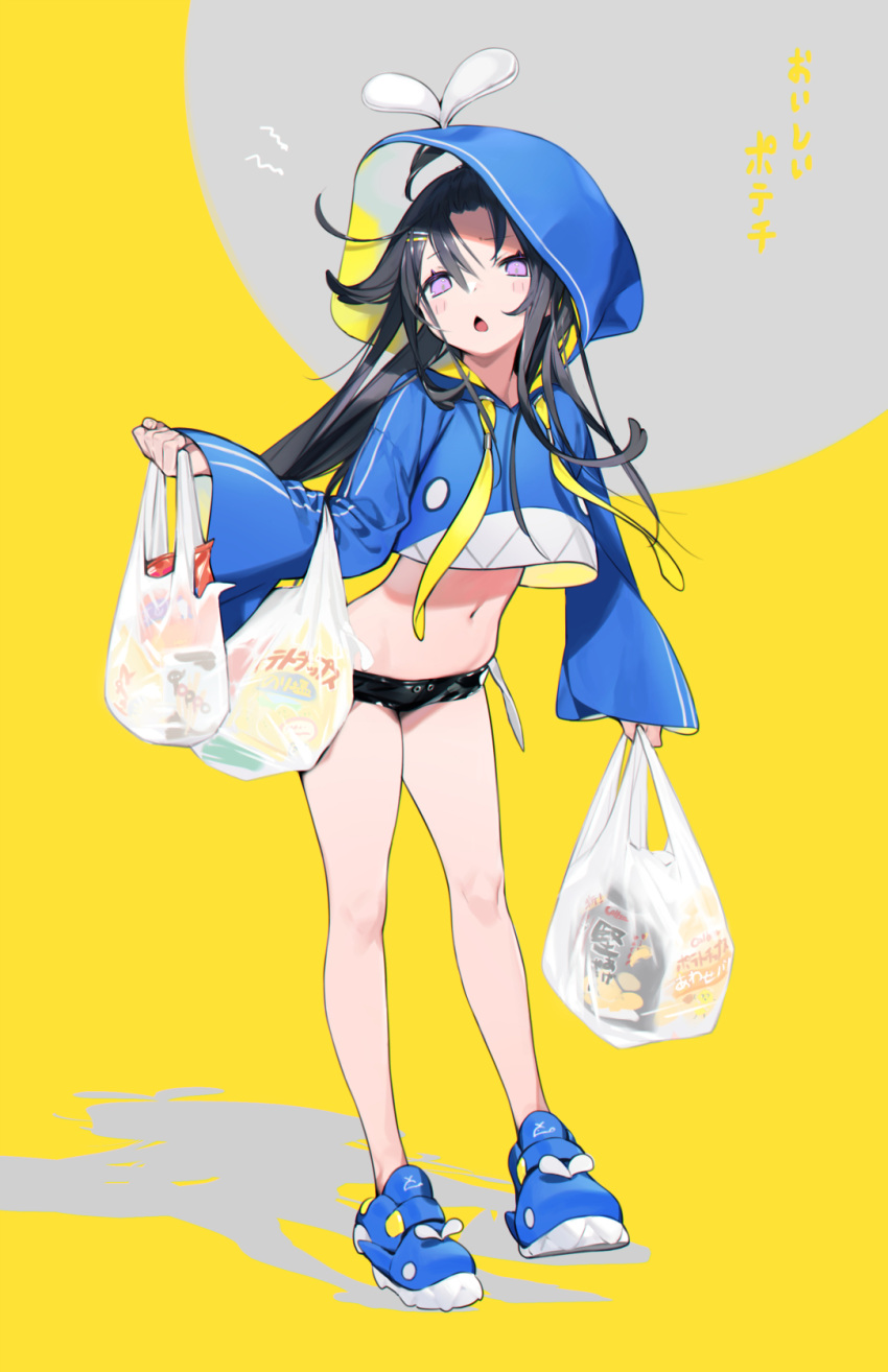 1girl bag bangs black_hair black_shorts blue_footwear blue_hoodie blush bukurote commentary_request crop_top drawstring eyebrows_visible_through_hair full_body grey_background hair_between_eyes highres holding holding_bag hood hood_up hoodie long_hair long_sleeves looking_at_viewer micro_shorts midriff navel open_mouth original plastic_bag shoes shorts sleeves_past_wrists solo standing translation_request transparent two-tone_background very_long_hair yellow_background