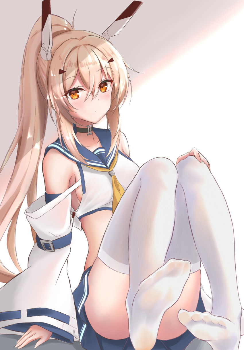 1girl absurdres arm_support ass ayanami_(azur_lane) azur_lane bare_shoulders belt_buckle black_choker blonde_hair blue_skirt breasts buckle budesonide choker collarbone convenient_leg crop_top eyebrows_visible_through_hair feet hair_between_eyes hair_ornament headgear highres knees_up long_hair long_sleeves looking_at_viewer midriff miniskirt neckerchief no_shoes off_shoulder orange_eyes ponytail sailor_collar shirt sidelocks sitting skirt small_breasts solo thigh-highs white_legwear white_shirt wide_sleeves yellow_neckwear