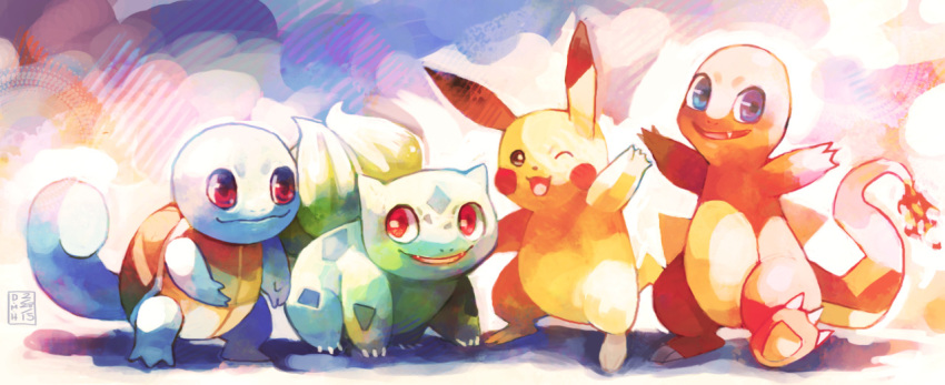 blue_eyes brown_eyes bulbasaur charmander claws commentary creature english_commentary fang fangs fiery_tail fire flame full_body gen_1_pokemon happy lady_kuki looking_at_viewer no_humans one_eye_closed pikachu pokemon pokemon_(creature) red_eyes shadow smile squirtle standing standing_on_one_leg starter_pokemon starter_pokemon_trio tail violet_eyes