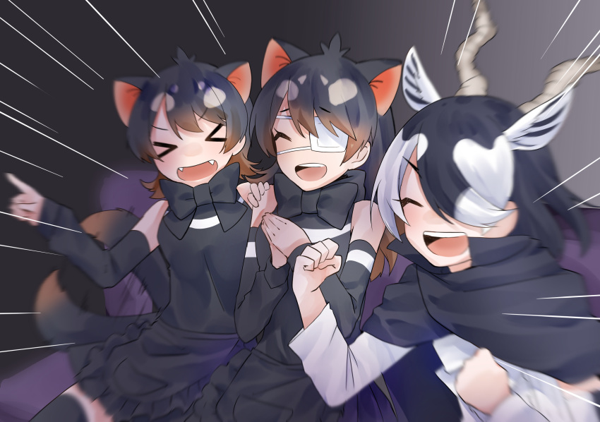 &gt;_&lt; 3girls :d ^_^ animal_ears antelope_ears antelope_horns apron australian_devil_(kemono_friends) bangs bare_shoulders batten_japari_dan black_hair blackbuck_(kemono_friends) blurry bow bowtie brown_hair cape clenched_hands closed_eyes closed_mouth couch detached_sleeves emphasis_lines extra_ears eyebrows_visible_through_hair eyepatch fangs furrowed_eyebrows gaijin_4koma grey_hair hair_over_one_eye hand_on_another's_shoulder hands_up highres horns isobee kemono_friends long_hair medical_eyepatch medium_hair meme multicolored_hair multiple_girls open_mouth own_hands_together pointing shirt sitting skirt smile swept_bangs tail tasmanian_devil_(kemono_friends) tasmanian_devil_ears tasmanian_devil_tail thigh-highs two-tone_hair upper_teeth v-shaped_eyebrows waist_apron white_hair xd zettai_ryouiki |d