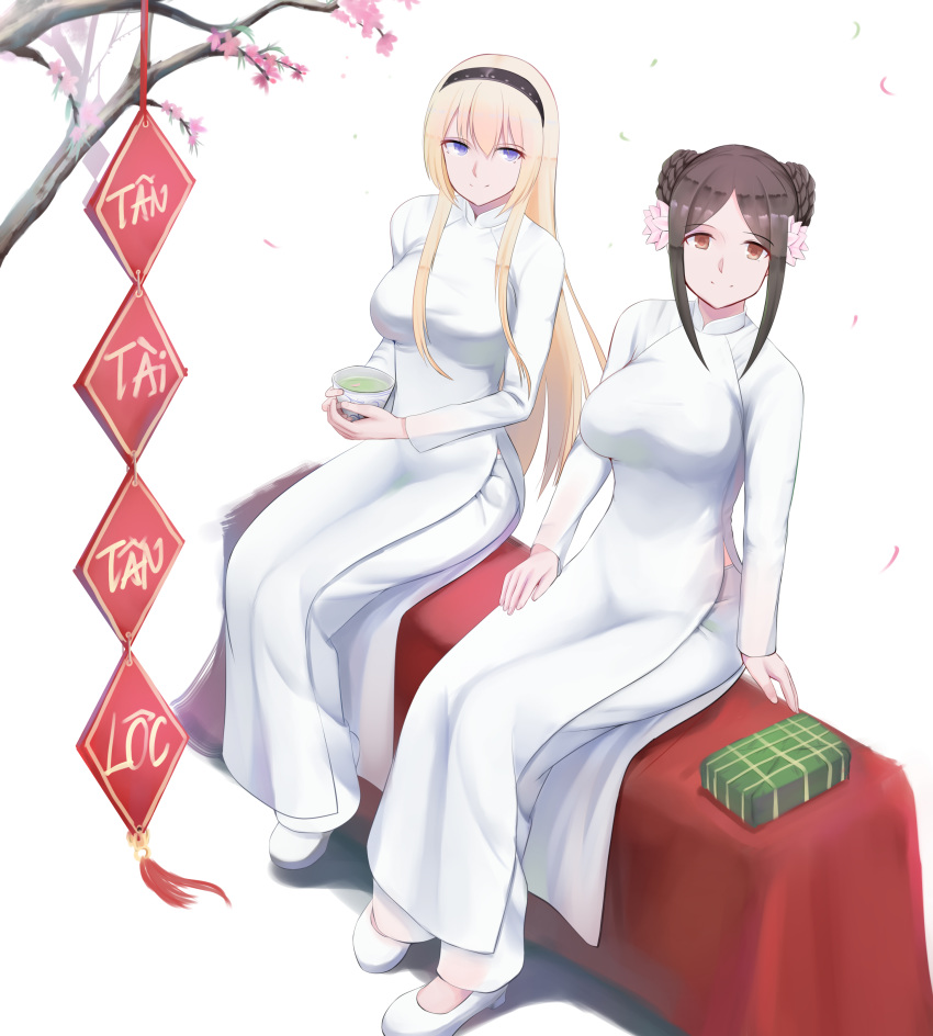 2girls absurdres black_hair blonde_hair cup dress flower hair_flower hair_ornament highres irisdina_bernhard multiple_girls muvluv nguyen_tam_lee pham_thi_ran schwarzesmarken sitting tea tree vietnamese_dress vietnamese_new_year vietnamese_text white_dress