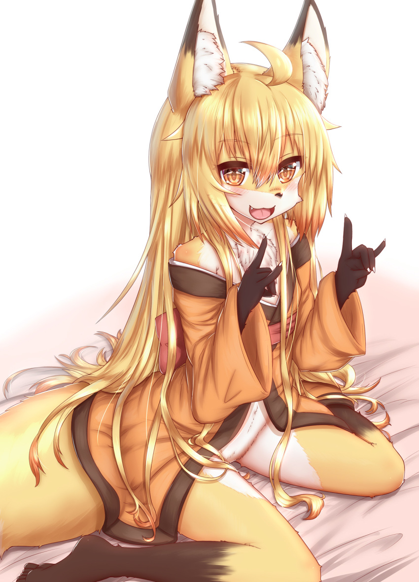 1girl :3 :d ahoge animal_ear_fluff animal_ears animal_nose blonde_hair blush collarbone commentary_request double_fox_shadow_puppet eyebrows_visible_through_hair fang fox_ears fox_girl fox_tail furry highres horokusa_(korai) korai_(horokusa) looking_at_viewer navel open_mouth original simple_background sitting smile solo tail two-tone_fur white_fur yellow_eyes yellow_fur