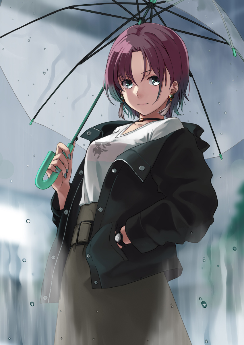 1girl asakura_tooru black_coat brown_skirt choker closed_mouth coat collarbone earrings green_eyes green_nails hand_in_pocket high-waist_skirt highres holding holding_umbrella idolmaster idolmaster_shiny_colors jewelry long_skirt looking_at_viewer mizuki_(mizuki_ame) nail_polish off_shoulder open_clothes open_coat outdoors print_shirt purple_hair rain shirt short_hair skirt smile solo standing transparent transparent_umbrella umbrella watch watch white_shirt