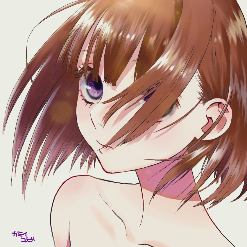 1girl bangs bare_shoulders bob_cut brown_hair close-up closed_mouth collarbone commentary_request eyebrows_behind_hair hair_behind_ear hair_over_one_eye highres lipgloss looking_at_viewer original shiny shiny_hair short_hair simple_background solo violet_eyes white_background wind yubi_kamii