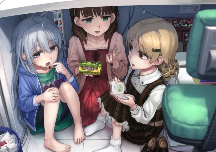 3girls ahoge aqua_eyes bangs barefoot black_shorts blonde_hair blue_jacket brown_eyes brown_hair chair chocolate collarbone collared_shirt commentary dress drill_hair earrings eating eyebrows_visible_through_hair fingernails food grey_hair hair_ornament hairclip hand_on_own_knee holding holding_food hoshi_shouko idolmaster idolmaster_cinderella_girls jacket jewelry kinoko_no_yama lif long_hair long_sleeves looking_at_another morikubo_nono multiple_girls no_shoes open_clothes open_jacket open_mouth pink_nails plaid plaid_dress puffy_long_sleeves puffy_sleeves red_dress sakuma_mayu shirt shoes_removed shorts sitting sitting_on_floor smile socks stud_earrings tile_floor tiles under_table violet_eyes white_legwear white_shirt