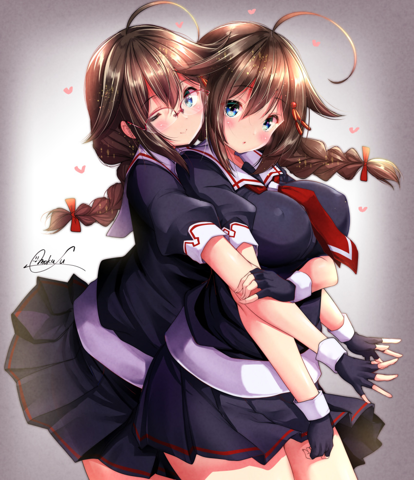 2girls :o ;) ahoge alternate_breast_size bespectacled black_gloves black_skirt blue_eyes blush braid breasts brown_hair covered_nipples dual_persona eyebrows_visible_through_hair fingerless_gloves glasses gloves hair_flaps hair_ornament heart highres kantai_collection large_breasts long_hair mokufuu multiple_girls one_eye_closed pleated_skirt red-framed_eyewear red_neckwear remodel_(kantai_collection) sailor_collar school_uniform serafuku shigure_(kantai_collection) short_sleeves signature simple_background single_braid skirt smile