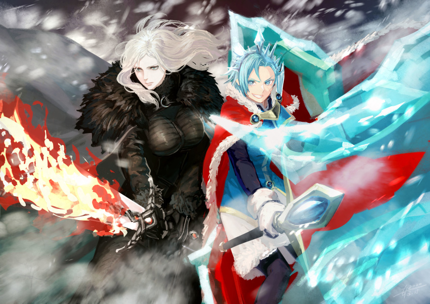 1boy 1girl abandoned_star_hyndra absurdres black_gloves blue_hair breasts cape fighting_stance flaming_sword flaming_weapon fur_trim gloves highres ice large_breasts light_blue_hair looking_at_viewer moyatarou outdoors pale_skin pixiv_fantasia pixiv_fantasia_age_of_starlight red_cape smirk wand white_gloves