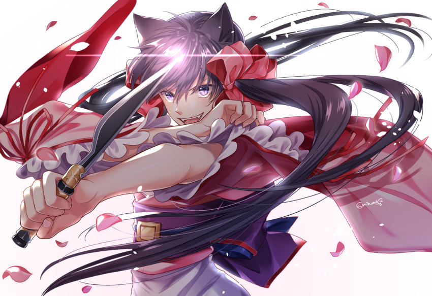 1girl animal_ears black_hair bow fangs fox_ears glint hair_bow hair_ribbon holding holding_knife japanese_clothes kimono knife long_hair looking_at_viewer motobi_(mtb_umk) obi open_mouth otome_youkai_zakuro petals pink_bow ribbon sash simple_background slashing solo standing twintails violet_eyes white_background wide_sleeves zakuro_(otome_youkai_zakuro)