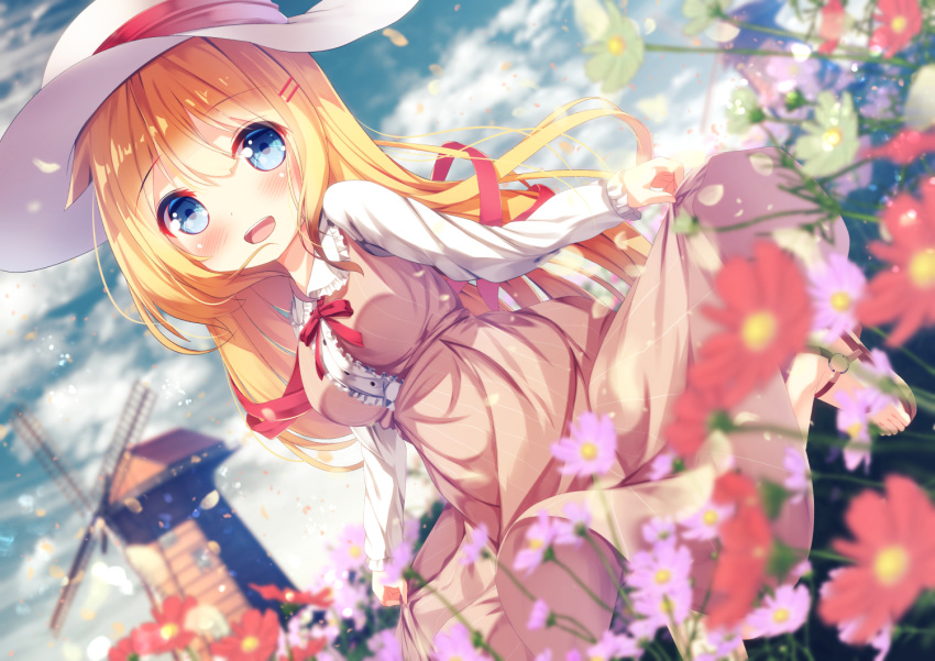 1girl :d akai_haato bangs blonde_hair blue_eyes blurry blurry_background blurry_foreground blush breasts chinomaron commentary_request day depth_of_field dress dutch_angle eyebrows_visible_through_hair flower hair_between_eyes hair_ornament hairclip hat hololive long_hair long_sleeves looking_at_viewer medium_breasts neck_ribbon open_mouth outdoors ribbon shirt skirt_hold smile solo very_long_hair virtual_youtuber white_headwear white_shirt