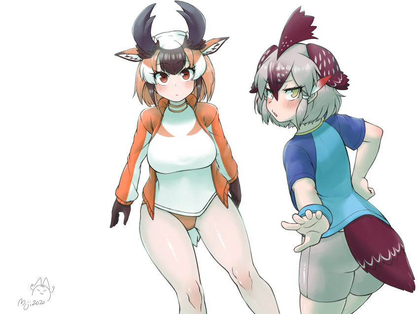 2girls animal_ears annoyed arms_at_sides ass bangs bare_arms bare_legs bike_shorts bird_tail bird_wings blush breasts brown_eyes brown_hair buruma closed_mouth eyebrows_visible_through_hair gloves greater_roadrunner_(kemono_friends) green_eyes grey_hair hair_between_eyes hair_tubes half-closed_eyes hand_on_hip head_wings highres horizontal_pupils horns jacket kemono_friends light_brown_hair long_sleeves looking_at_viewer looking_back medium_hair miji_doujing_daile multicolored_hair multiple_girls open_clothes open_jacket outstretched_arm parted_lips pronghorn_(kemono_friends) shirt short_sleeves sidelocks sportswear t-shirt tail track_jacket turtleneck v-shaped_eyebrows white_hair wings