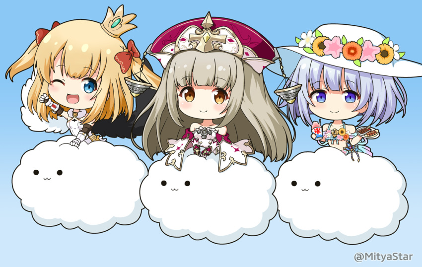 3girls :3 ;d bangs bare_shoulders bikini black_wings blonde_hair blue_background blue_bikini blue_eyes blue_hair blush bow breasts brown_eyes brown_hair chibi closed_mouth clouds collarbone commentary_request crown cup disposable_cup dress elbow_gloves eyebrows_visible_through_hair feathered_wings flower fur_collar gauntlets gloves gradient gradient_background grey_hair hair_bow hat hat_flower holding holding_cup holding_plate keyhole kooribata long_hair looking_at_viewer maaru_(shironeko_project) medium_breasts miicha mini_crown mismatched_wings multiple_girls one_eye_closed open_mouth outstretched_arm pink_flower plate purple_headwear red_bow red_headwear rouche_(shironeko_project) shaved_ice shironeko_project sleeveless sleeveless_dress small_breasts smile solid_circle_eyes strapless strapless_dress sun_hat swimsuit tilted_headwear tina_(shironeko_project) twitter_username two_side_up very_long_hair white_bikini white_dress white_flower white_gloves white_headwear white_wings wings yellow_flower