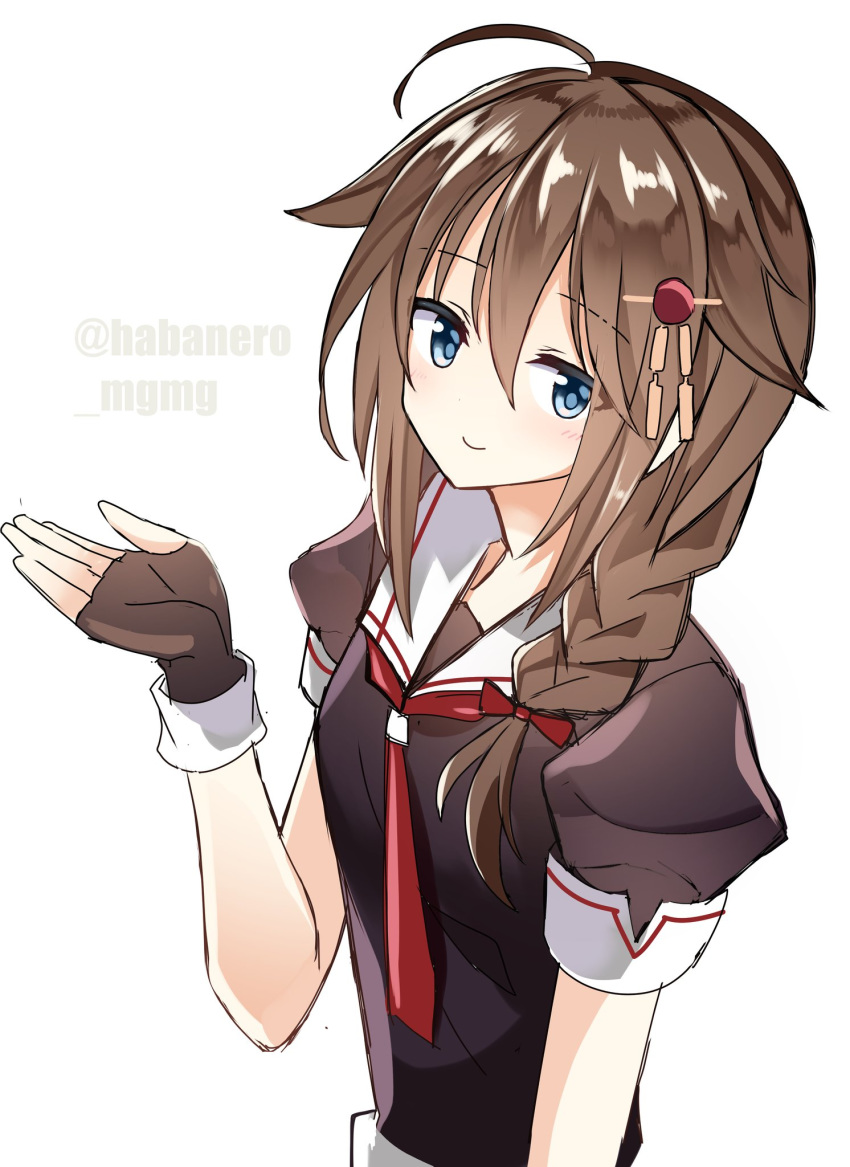 1girl ahoge black_gloves black_serafuku blue_eyes braid brown_hair fathom fingerless_gloves gloves hair_flaps hair_ornament hair_over_shoulder highres kantai_collection looking_at_viewer neckerchief remodel_(kantai_collection) sailor_collar school_uniform serafuku shigure_(kantai_collection) simple_background single_braid solo twitter_username upper_body white_background white_sailor_collar