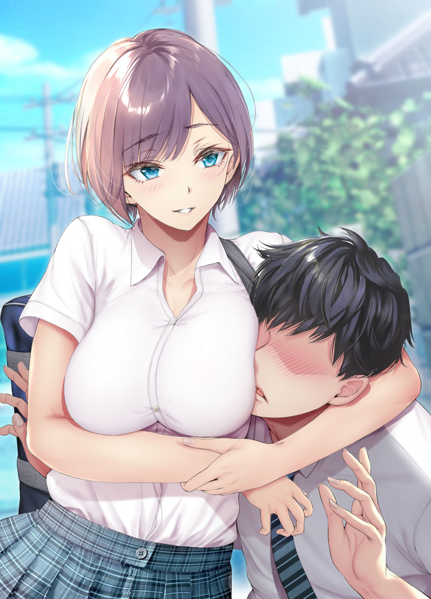 1boy 1girl bag bangs black_hair blue_eyes blush checkered checkered_skirt collared_shirt commentary_request dress_shirt eyebrows_visible_through_hair faceless faceless_male gentsuki grin headlock highres lavender_hair neckwear original outdoors parted_lips school_bag school_uniform shirt short_hair short_sleeves skirt smile swept_bangs telephone_pole walking white_shirt