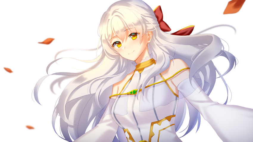 1girl arcelle bare_shoulders bride detached_sleeves dress fire_emblem fire_emblem:_radiant_dawn fire_emblem_heroes flower grin hair_ribbon half_updo highres long_hair long_sleeves micaiah_(fire_emblem) petals red_ribbon ribbon silver_hair simple_background smile solo turtleneck_dress white_background white_dress yellow_eyes