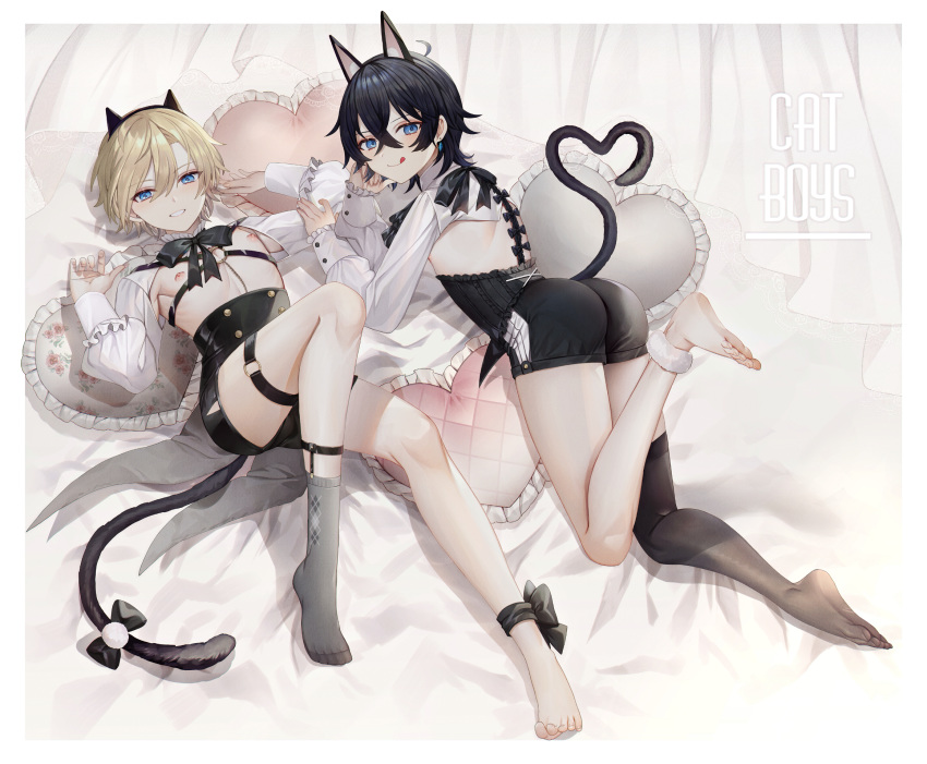 2boys abandon_ranka animal_ears ass barefoot black_bow black_hair black_legwear black_ribbon black_shorts blonde_hair blue_eyes blush bow cat_boy cat_ears cat_tail clothing_request commentary_request corset eyebrows_visible_through_hair fake_animal_ears fake_tail grin hair_between_eyes hair_ornament heart heart_pillow highres long_sleeves looking_at_viewer lying multiple_boys nipples no_shoes on_back original pillow ribbon short_hair short_shorts shorts single_sock single_thighhigh smile socks tail tail_bow thigh-highs tongue tongue_out