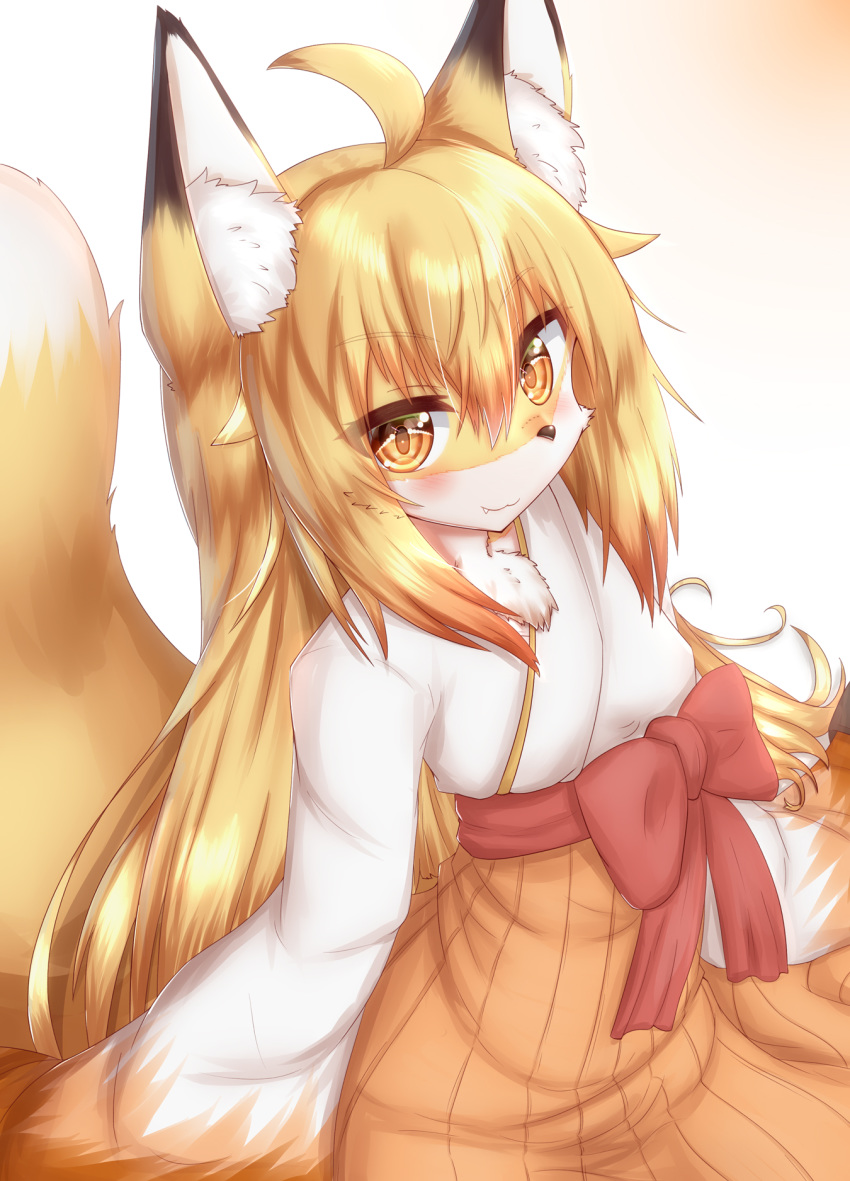 1girl :3 ahoge animal_ear_fluff animal_ears animal_nose blonde_hair blush commentary_request eyebrows_visible_through_hair fang fox_ears fox_girl fox_tail furry gradient gradient_background highres horokusa_(korai) japanese_clothes kimono korai_(horokusa) long_hair long_sleeves looking_at_viewer original simple_background sitting smile solo tail two-tone_fur upper_body white_fur yellow_eyes yellow_fur