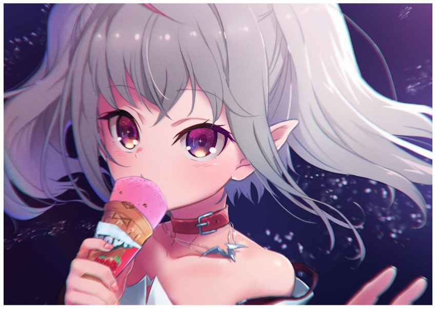 +_+ 1girl bare_shoulders blush border collar collarbone eating eyebrows_visible_through_hair food grey_hair ice_cream jewelry looking_at_viewer makaino_ririmu medium_hair multicolored_hair necklace nijisanji off_shoulder pointy_ears red_collar redhead sabamen sidelocks solo strap_slip streaked_hair twintails upper_body virtual_youtuber white_border