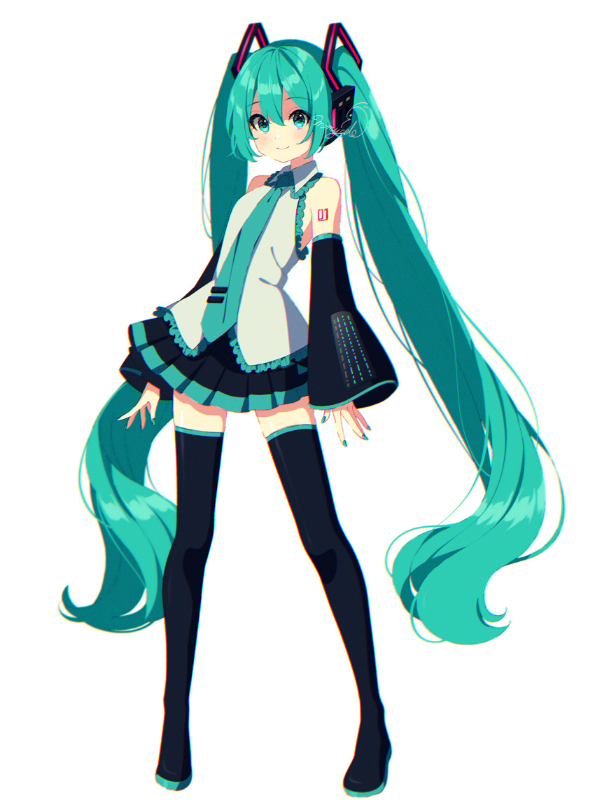 1girl aqua_eyes aqua_hair aqua_nails aqua_neckwear arm_tattoo bare_shoulders black_legwear black_skirt boots closed_mouth collared_shirt detached_sleeves frills full_body green_eyes green_hair green_nails grey_shirt hatsune_miku headphones highres lace lace-trimmed_shirt long_hair looking_at_viewer mamyouda miniskirt nail_polish necktie number pleated_skirt shirt sidelocks signature simple_background skirt smile solo standing tattoo thigh-highs thigh_boots tie_clip twintails very_long_hair vocaloid vocaloid_boxart_pose white_background zettai_ryouiki