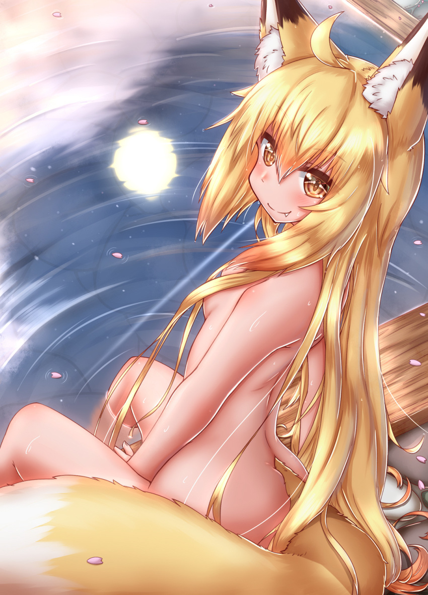 1girl ahoge animal_ear_fluff animal_ears back blonde_hair blush breasts cherry_blossoms commentary_request eyebrows_visible_through_hair fang fox_ears fox_girl fox_tail hair_between_eyes highres horokusa_(korai) korai_(horokusa) long_hair looking_at_viewer nude onsen original sitting small_breasts smile solo tail yellow_eyes