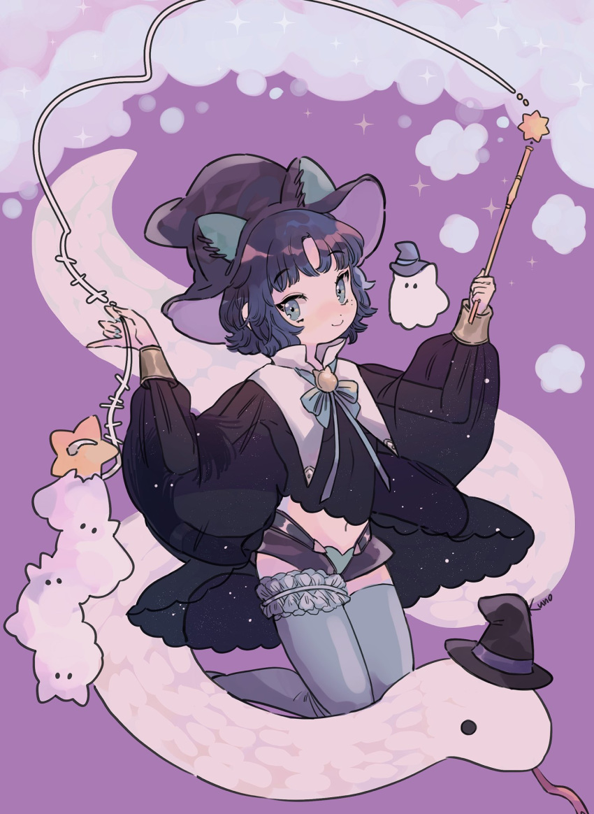 1girl animal_ears black_hair bow cat_ears cat_girl cat_tail clothing_request commentary_request copyright_request frills ghost green_eyes hat highres jikuno looking_at_viewer magic purple_background see-through short_hair simple_background smoke smoke_trail snake solo sparkle star tagme tail thigh-highs wand witch_hat