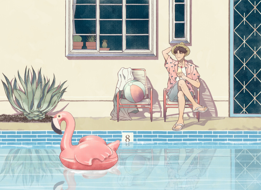 1boy absurdres ball beachball brown_hair chair cocktail_glass crossed_legs cup day drinking_glass furuya01boy hat hawaiian_shirt highres inflatable_flamingo male_focus original outdoors plant pool potted_plant reflection sandals scenery shirt shorts straw_hat water white_shirt window