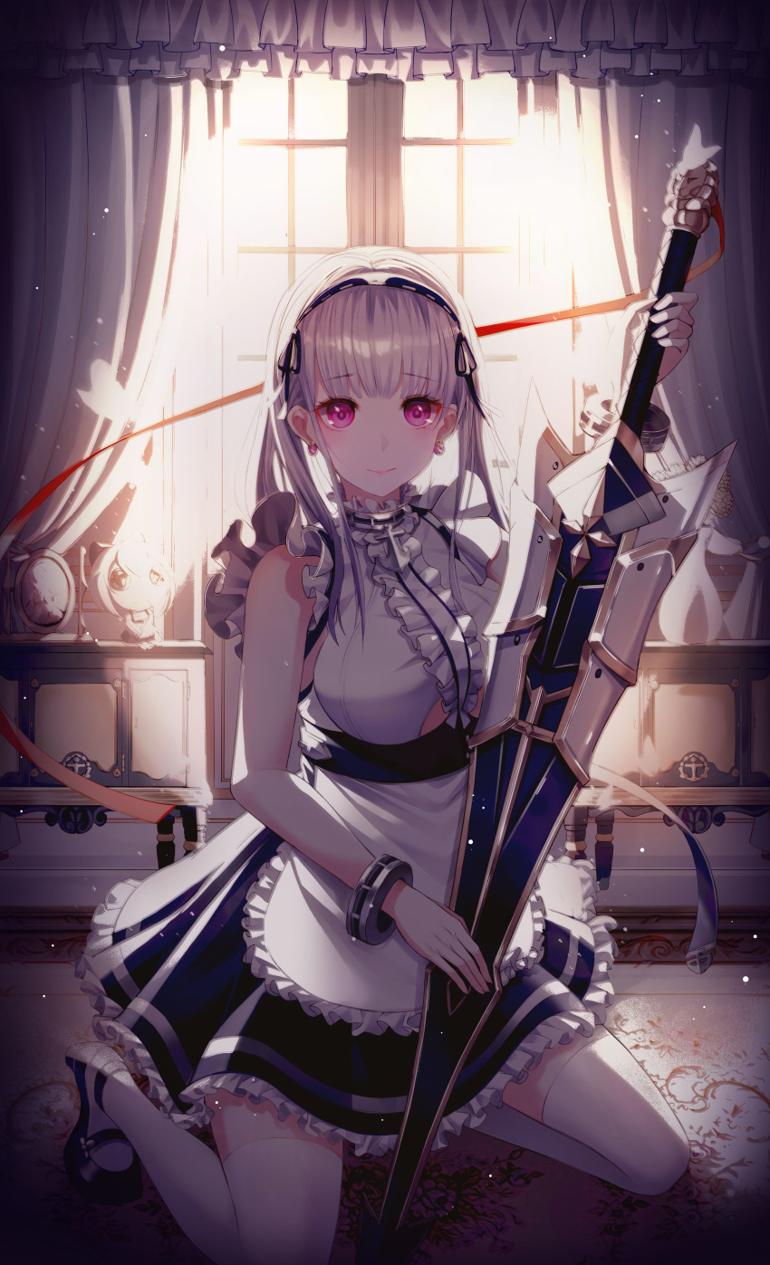1girl absurdres apron azur_lane black_footwear black_ribbon blue_skirt breasts dido_(azur_lane) dress_shirt frilled_apron frilled_skirt frills hair_ribbon hairband highres holding holding_weapon hyangu indoors large_breasts long_hair looking_at_viewer mary_janes miniskirt red_ribbon ribbon shiny shiny_hair shirt shoes silver_hair sitting skirt sleeveless sleeveless_shirt solo thigh-highs twintails under_boob waist_apron weapon white_apron white_legwear white_shirt